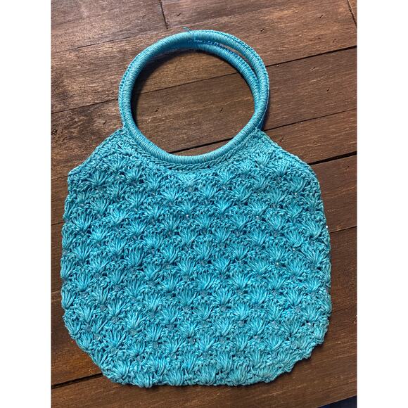 70's Blue Crochet Purse with Wooden Handles - Picture 1 of 2
